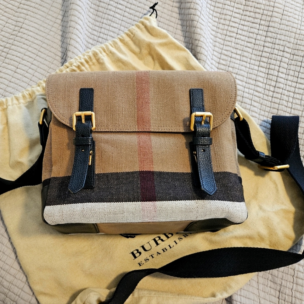 Burberry Tan Canvas Crossbody Bag with Black Straps and Red Stripe